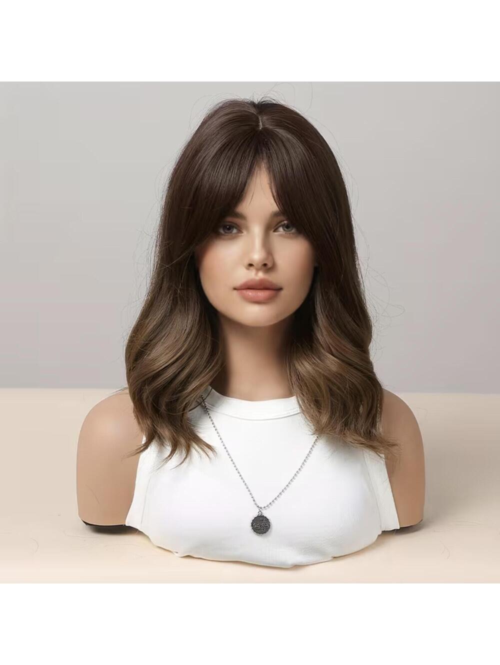 Dark Brown Wig Mixed Chestnut Short Wavy Hair 14in Natural with Bangs 1212